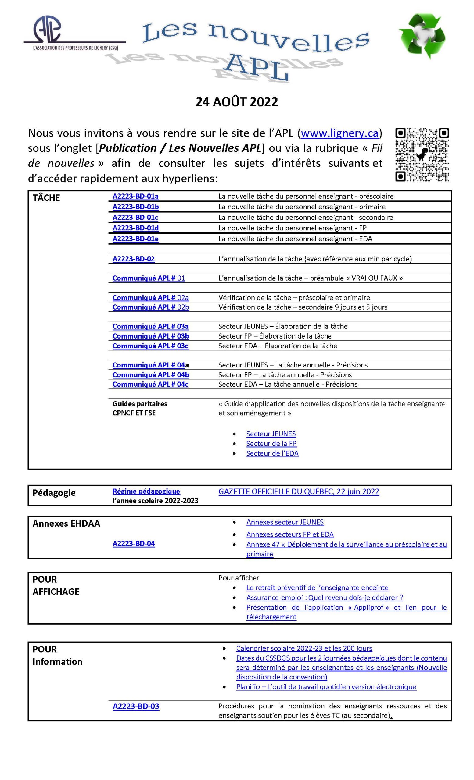 Les Nouvelles APL du 24 août 2022 Association des professeurs de Lignery (FSECSQ)