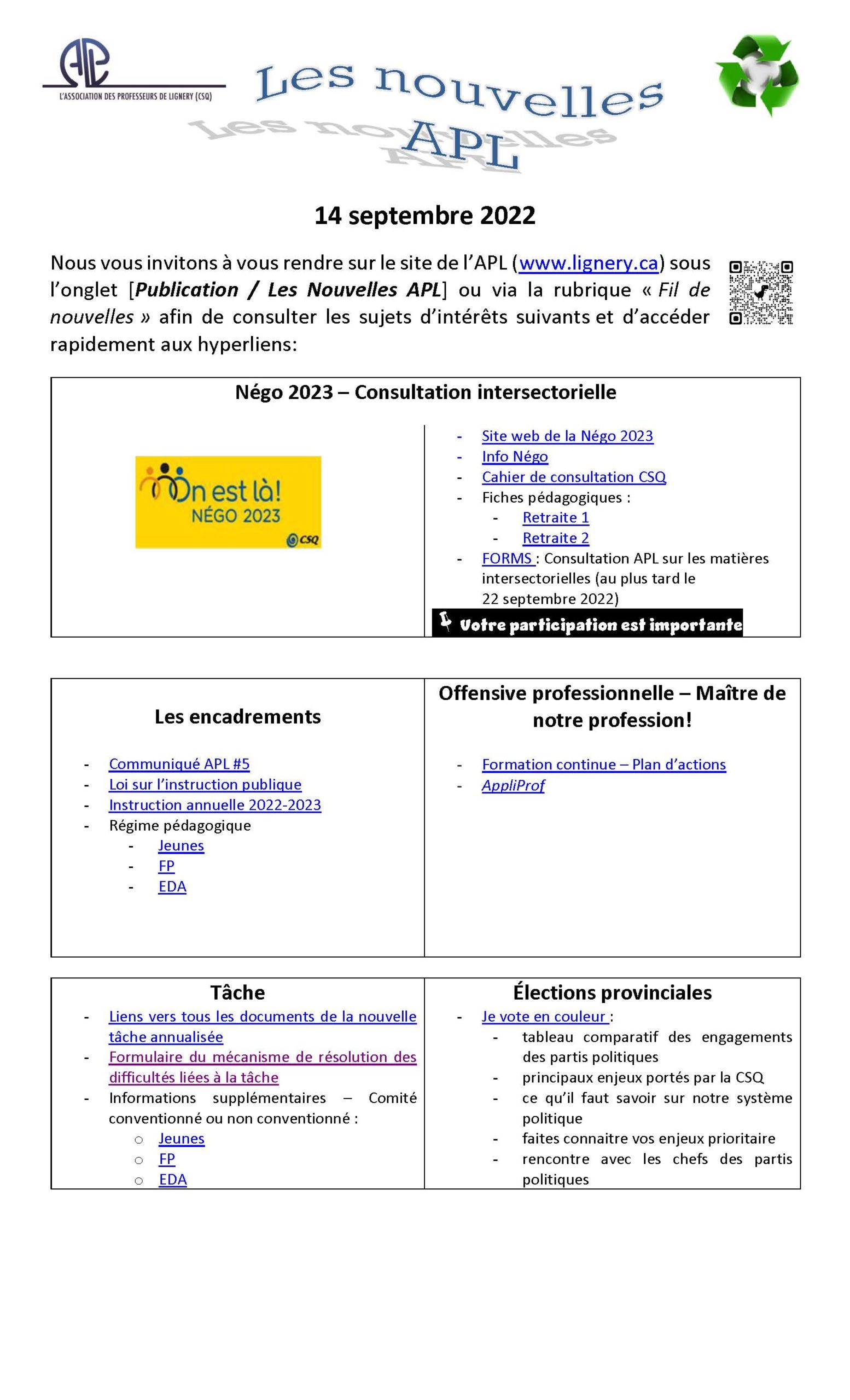 Les Nouvelles APL du 14 septembre 2022 Association des professeurs de Lignery (FSECSQ)
